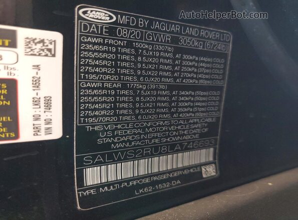 SALWS2RU8LA746693 2020 LAND ROVER RANGE Черный Панорамный вид салона 360°