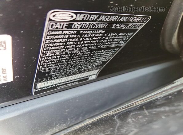 SALWS2RU9LA876501 2020 LAND ROVER RANGE Black Vista de la etiqueta del VIN