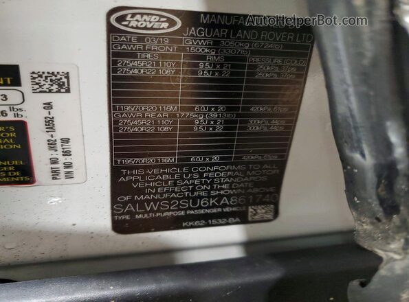 SALWS2SU6KA861740 2019 LAND ROVER RANGE Белый Вид подкапотного пространства