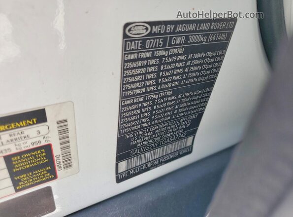 SALWS2VF1GA547742 2016 LAND ROVER RANGE Белый Вид наклейки с VIN-кодом