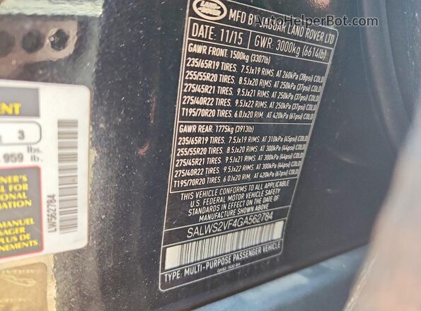 SALWS2VF4GA562784 2016 LAND ROVER RANGE Черный Вид наклейки с VIN-кодом