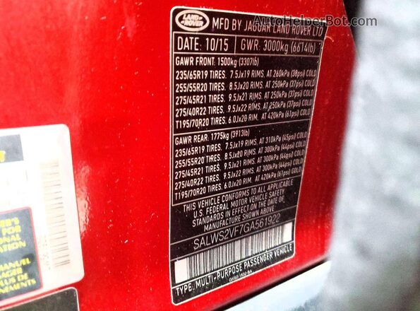 SALWS2VF7GA561922 2016 LAND ROVER RANGE Красный Вид подкапотного пространства