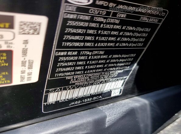 SALWV2RE8KA856027 2019 LAND ROVER RANGE Черный Вид наклейки с VIN-кодом