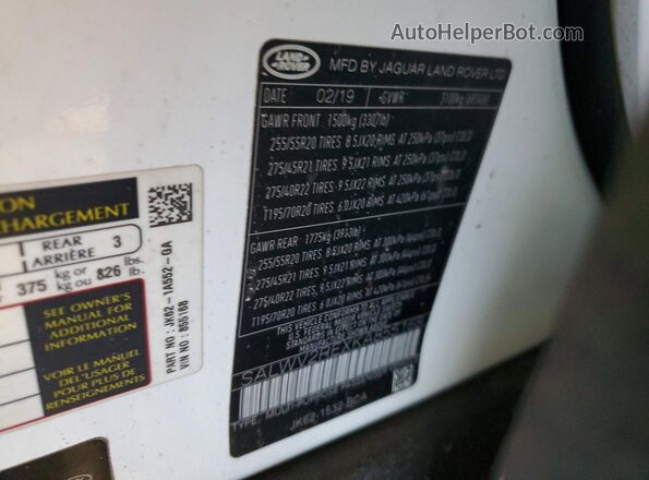 SALWV2REXKA855168 2019 LAND ROVER RANGE White Vista de la etiqueta del VIN