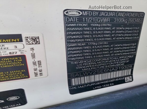 SALWV2SE6NA219328 2022 LAND ROVER RANGE White Вид наклейки з VIN-кодом