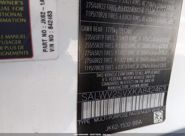 SALWV2SVXKA842463 2019 LAND ROVER RANGE ROVER SPORT Белый Вид подкапотного пространства