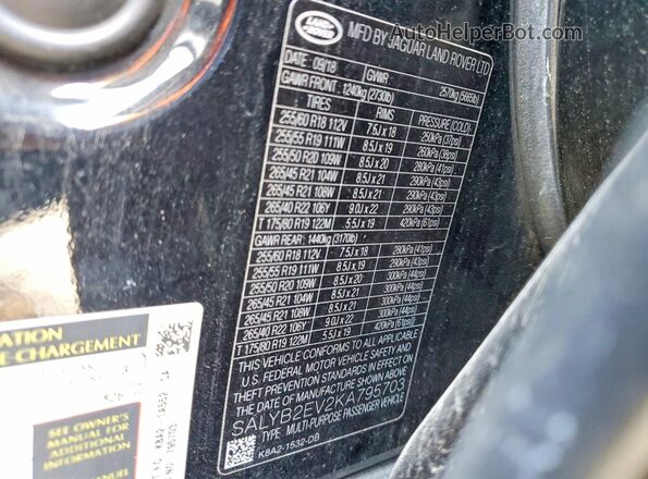 SALYB2EV2KA795703 2019 LAND ROVER RANGE Черный Вид наклейки с VIN-кодом