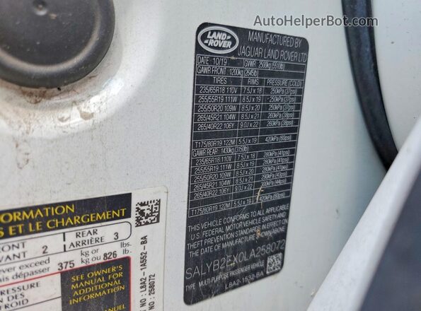 SALYB2EX0LA258072 2020 LAND ROVER RANGE White VIN კოდის სტიკერის ხედი