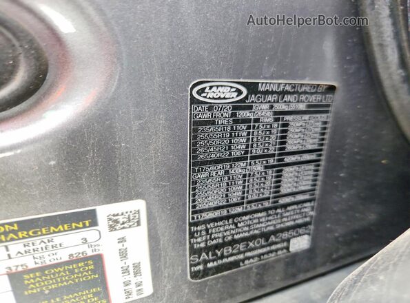 SALYB2EX0LA285062 2020 LAND ROVER RANGE Серый Панорамный вид салона 360°