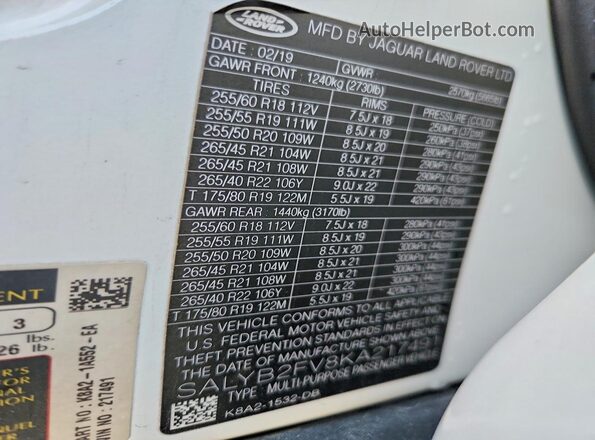 SALYB2FV8KA217491 2019 LAND ROVER RANGE Белый Вид наклейки с VIN-кодом