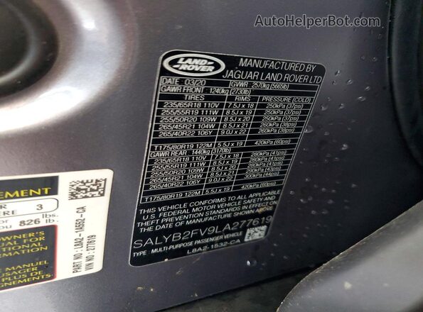 SALYB2FV9LA277619 2020 LAND ROVER RANGE Silver Widok komory silnika