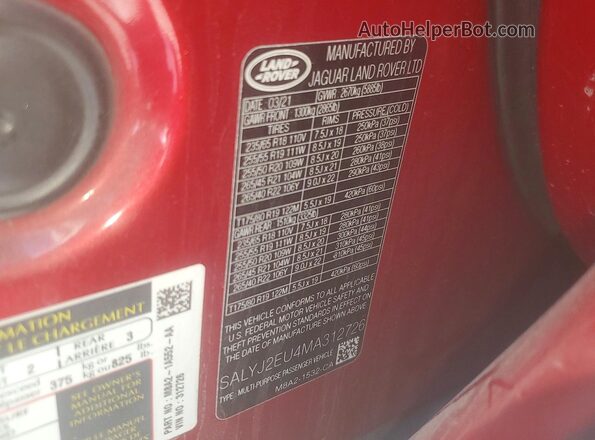 SALYJ2EU4MA312726 2021 LAND ROVER RANGE Красный Вид наклейки с VIN-кодом