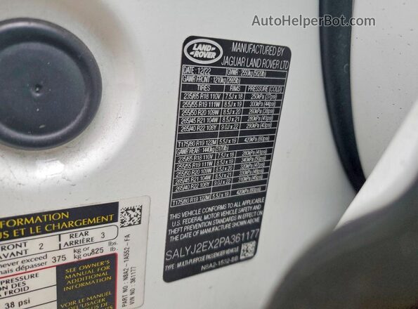 SALYJ2EX2PA361177 2023 LAND ROVER RANGE White Widok naklejki z numerem VIN