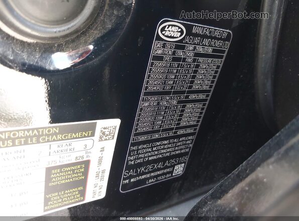 SALYK2EX4LA253165 2020 LAND ROVER RANGE ROVER VELAR Black Widok komory silnika