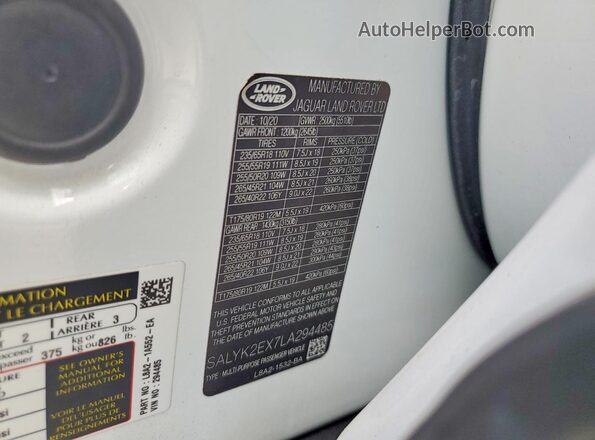 SALYK2EX7LA294485 2020 LAND ROVER RANGE Белый Вид наклейки с VIN-кодом