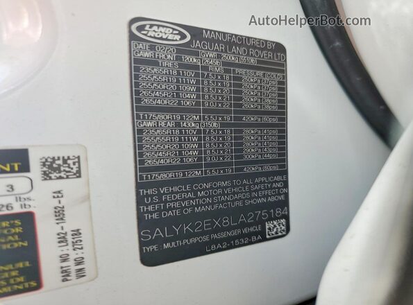 SALYK2EX8LA275184 2020 LAND ROVER RANGE Белый Вид наклейки с VIN-кодом