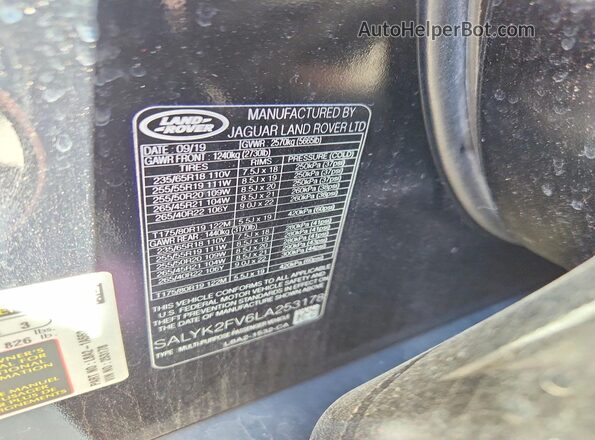 SALYK2FV6LA253178 2020 LAND ROVER RANGE Black Vista de la etiqueta del VIN