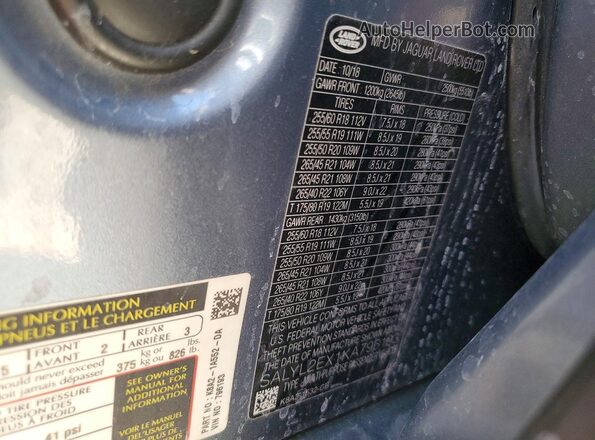 SALYL2EX1KA796193 2019 LAND ROVER RANGE Серый Вид наклейки с VIN-кодом