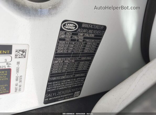 SALYL2EX2SA397079 2025 LAND ROVER RANGE ROVER VELAR White Շարժիչի բաժամունքի տեսք