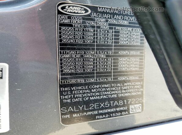 SALYL2EX5TA817225 2026 LAND ROVER RANGE Серый Вид наклейки с VIN-кодом