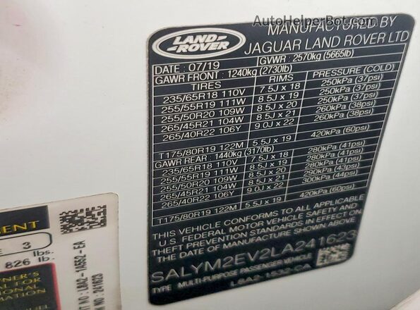 SALYM2EV2LA241623 2020 LAND ROVER RANGE Белый Вид наклейки с VIN-кодом
