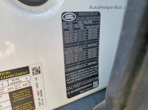 SALYM2FU4SA809388 2025 LAND ROVER RANGE White Widok naklejki z numerem VIN