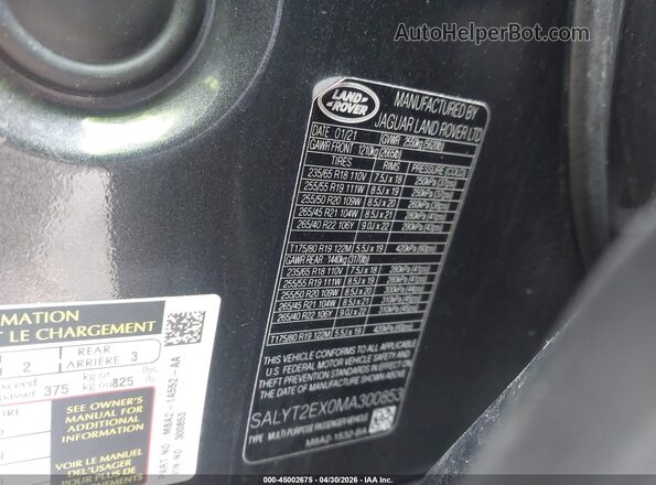 SALYT2EX0MA300853 2021 LAND ROVER RANGE ROVER VELAR Черный Вид подкапотного пространства