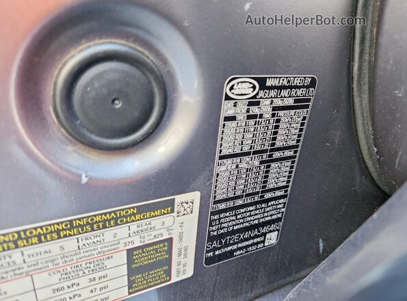 SALYT2EX4NA346462 2022 LAND ROVER RANGE Серый Панорамный вид салона 360°