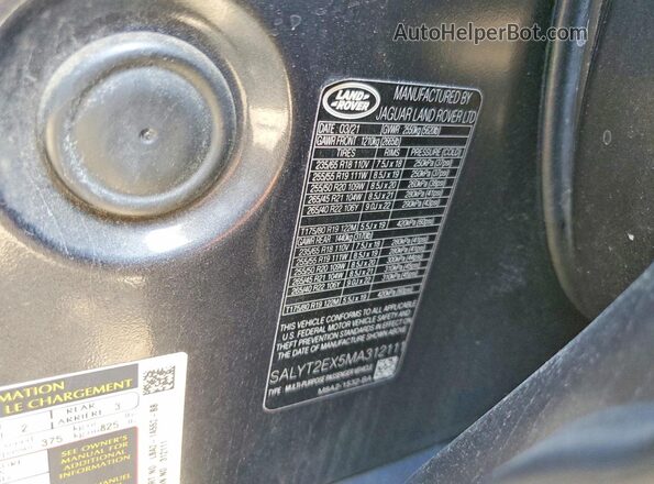 SALYT2EX5MA312111 2021 LAND ROVER RANGE Gray VIN კოდის სტიკერის ხედი