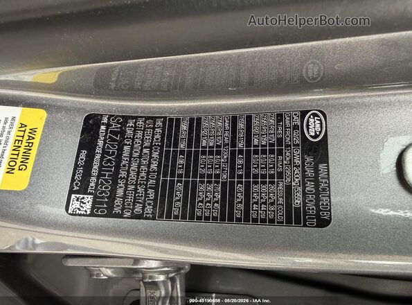 SALZJ2FX3TH293119 2026 LAND ROVER RANGE ROVER EVOQUE Gray Vista del compartimento del motor