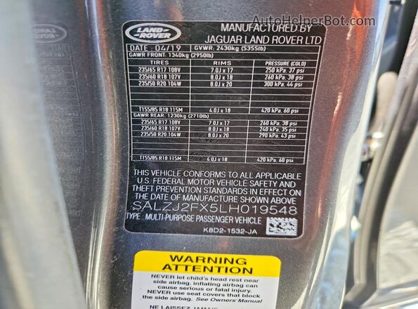SALZJ2FX5LH019548 2020 LAND ROVER RANGE Gray VIN კოდის სტიკერის ხედი