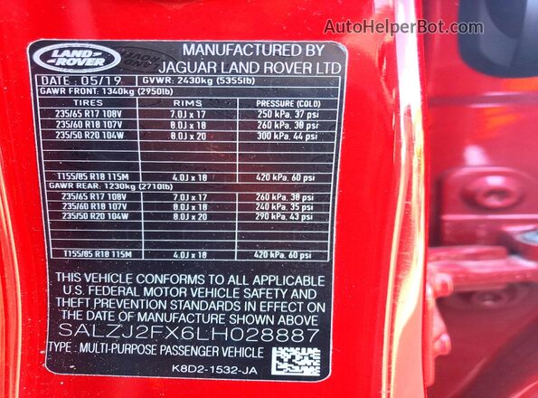 SALZJ2FX6LH028887 2020 LAND ROVER RANGE Red ძრავის განყოფილების ხედი