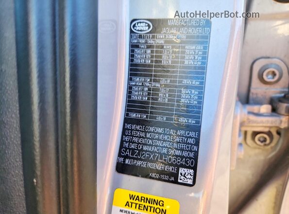 SALZJ2FX7LH068430 2020 LAND ROVER RANGE Gray Widok wnętrza 360 stopni