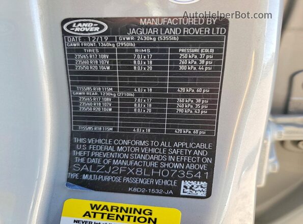 SALZJ2FX8LH073541 2020 LAND ROVER RANGE Gray Widok komory silnika