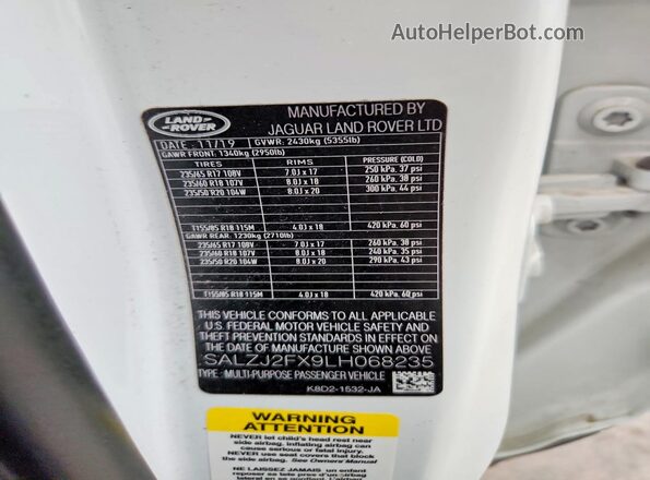 SALZJ2FX9LH068235 2020 LAND ROVER RANGE Белый Вид подкапотного пространства