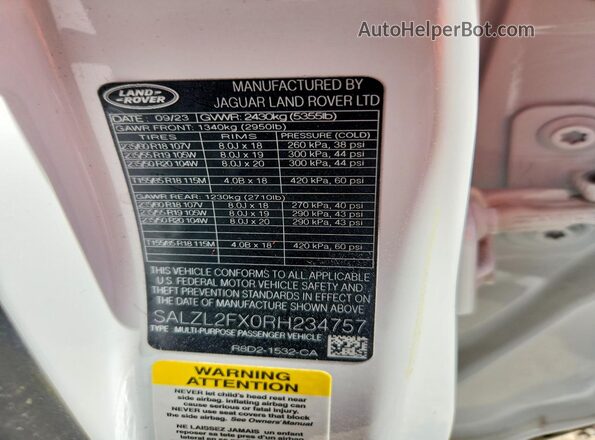 SALZL2FX0RH234757 2024 LAND ROVER RANGE Белый Вид наклейки с VIN-кодом