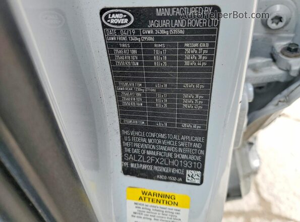 SALZL2FX2LH019310 2020 LAND ROVER RANGE Белый Вид наклейки с VIN-кодом