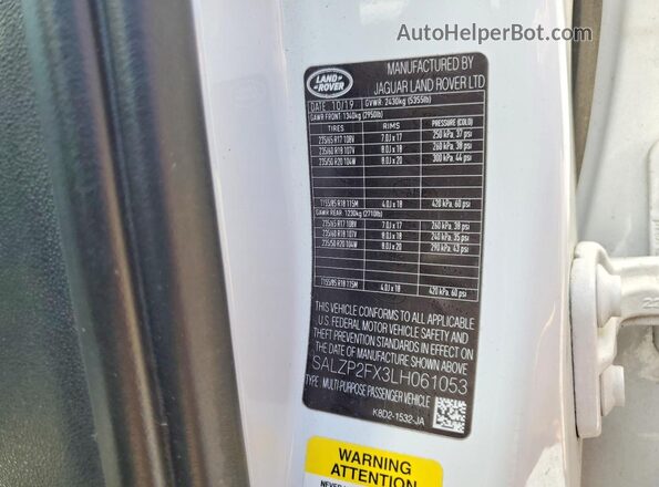SALZP2FX3LH061053 2020 LAND ROVER RANGE Белый Вид подкапотного пространства