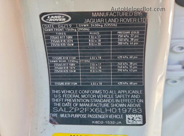 SALZP2FX6LH019783 2020 LAND ROVER RANGE White Вид підкапотного простору