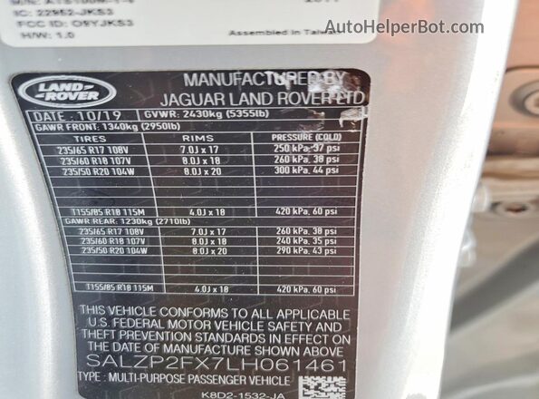 SALZP2FX7LH061461 2020 LAND ROVER RANGE Gray Widok naklejki z numerem VIN