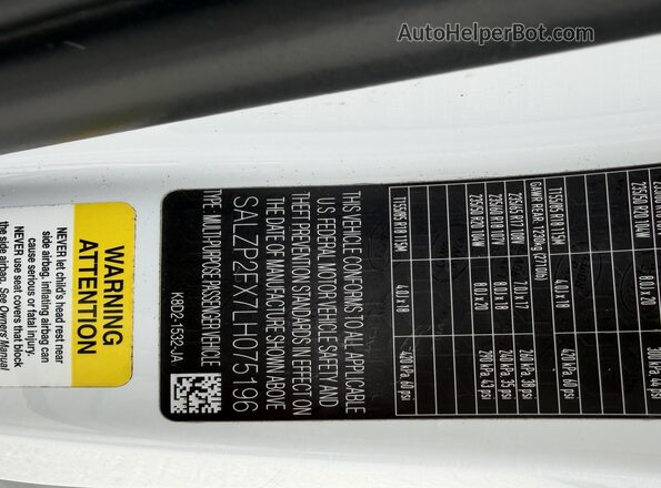 SALZP2FX7LH075196 2020 LAND ROVER RANGE ROVER EVOQUE White Вид підкапотного простору