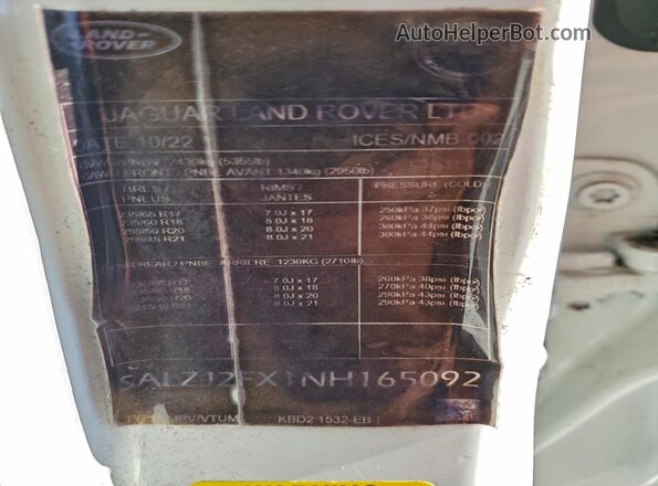 SALZP2FX7LH118029 2020 LAND ROVER RANGE White VIN sticker view