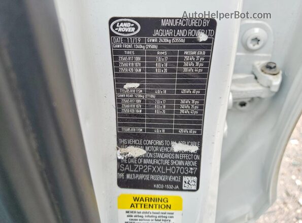 SALZP2FXXLH070347 2020 LAND ROVER RANGE White Вид наклейки з VIN-кодом