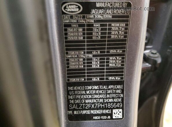 SALZT2FX7PH185649 2023 LAND ROVER RANGE Серый Панорамный вид салона 360°