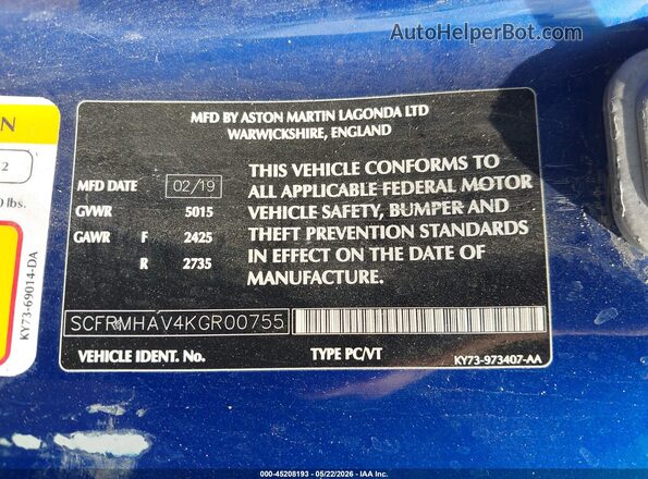 SCFRMHAV4KGR00755 2019 ASTON MARTIN DBS Blue Vista del compartimento del motor