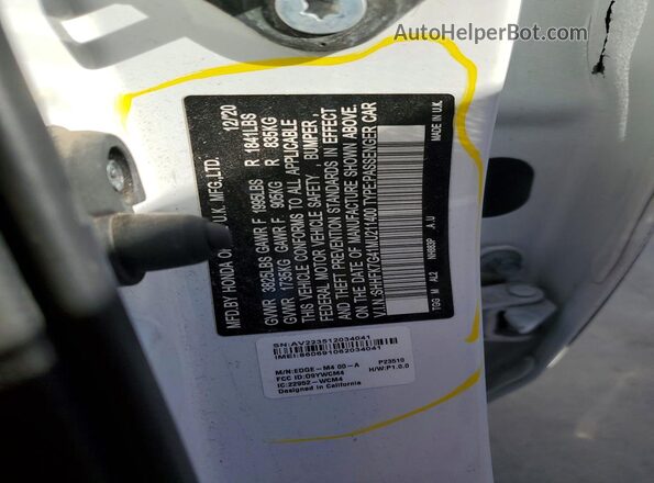 SHHFK7G41MU211400 2021 HONDA CIVIC White VIN კოდის სტიკერის ხედი