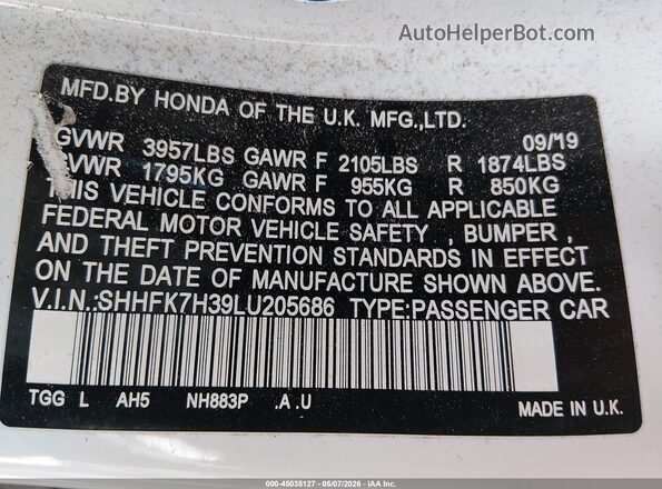 SHHFK7H39LU205686 2020 HONDA CIVIC Белый Вид подкапотного пространства