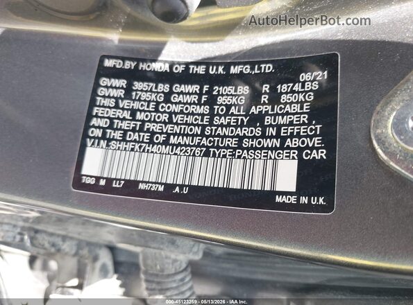SHHFK7H40MU423767 2021 HONDA CIVIC Серый Вид подкапотного пространства