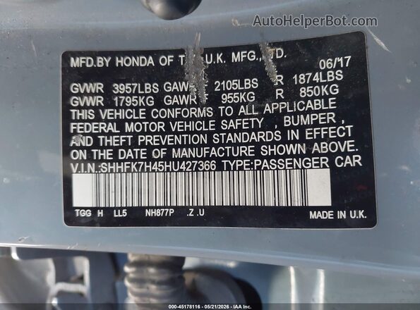 SHHFK7H45HU427366 2017 HONDA CIVIC Light Blue Вид подкапотного пространства