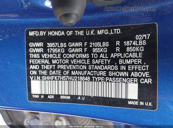 SHHFK7H57HU218848 2017 HONDA CIVIC Синий Вид подкапотного пространства